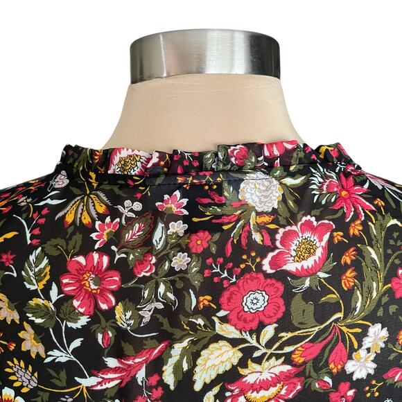 Simply Styled Semi-Sheer Chiffon Dark Floral Boho Top Sz L Ruffled Button Front - Picture 4 of 11